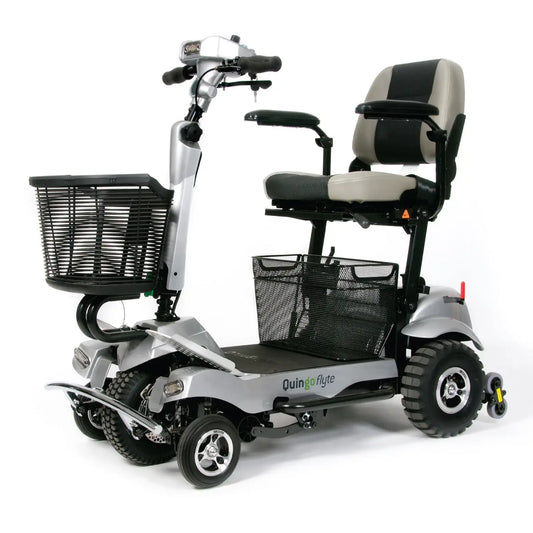 Light Gray Quingo Flyte Mobility Scooter With MK2 Self Loading Ramp