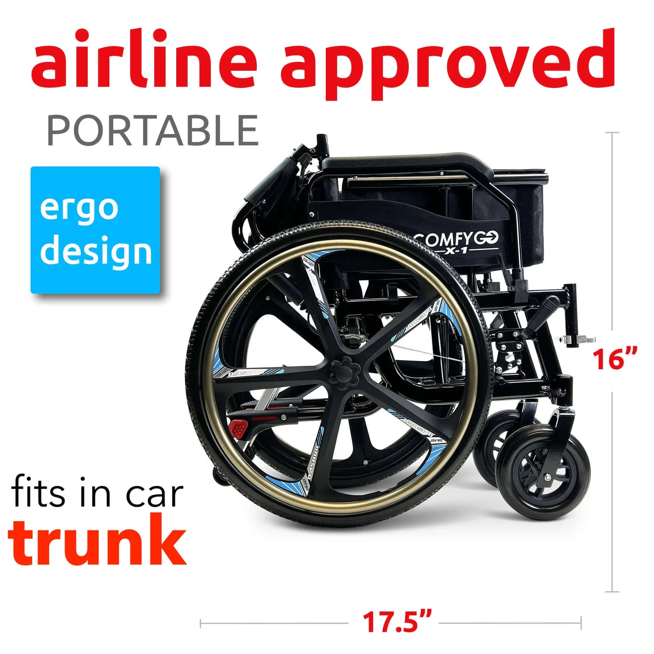 Black ComfyGO X-1 Lightweight Manual Wheelchair With Quick-Detach Wheels