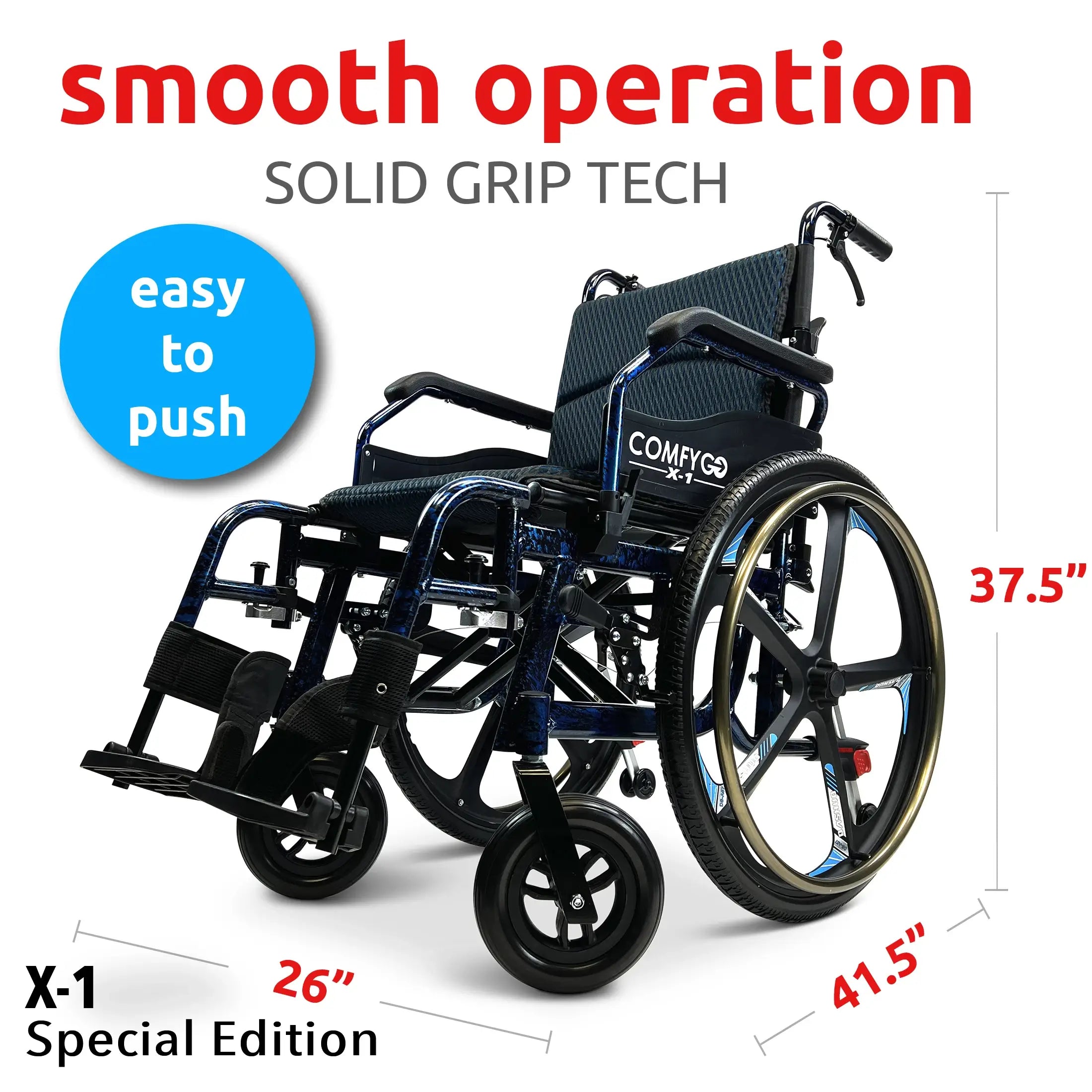 Black ComfyGO X-1 Lightweight Manual Wheelchair With Quick-Detach Wheels