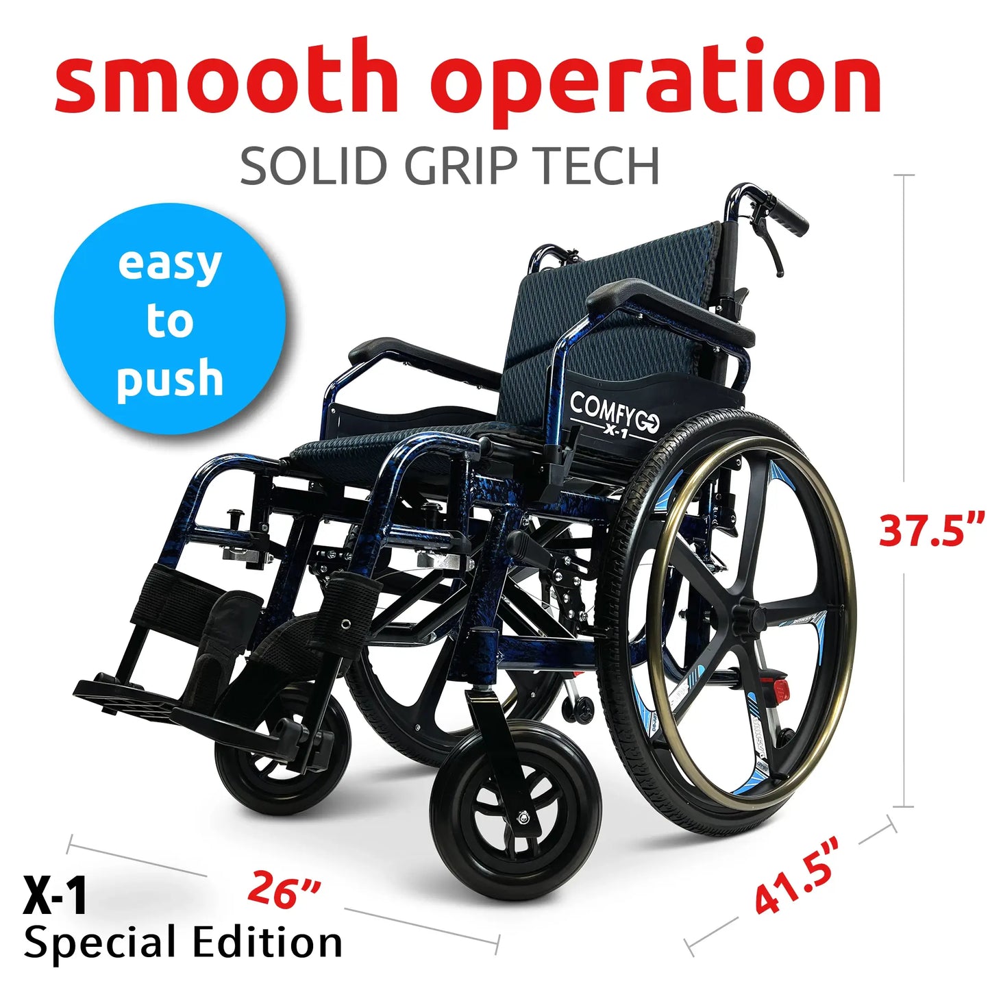 Black ComfyGO X-1 Lightweight Manual Wheelchair With Quick-Detach Wheels